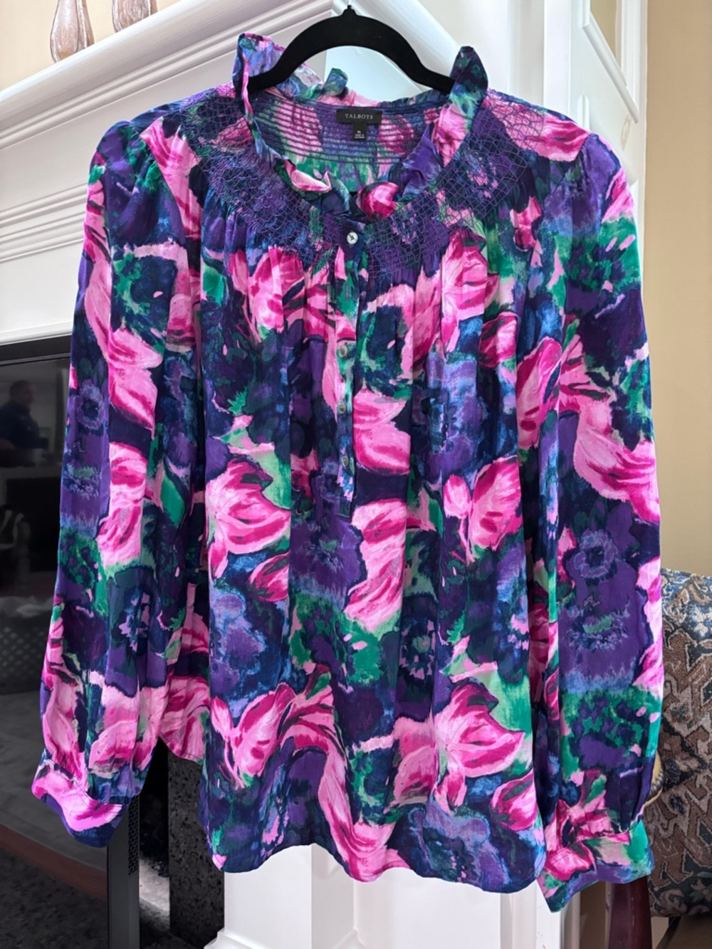 Talbots SMOCKED RUFFLE NECK TOP - DELICATE FLORAL XL - Picture 4 of 9